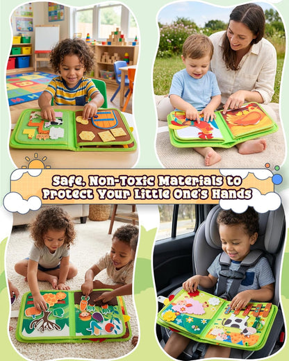 Montessori Busy Book for Toddlers, 8-Page Sensory Activity Book for Fine Motor Skills & Basic Dress Learning, Portable Travel Toy for Preschool Kids, Birthday Gift for Boys and Girls (Blue)