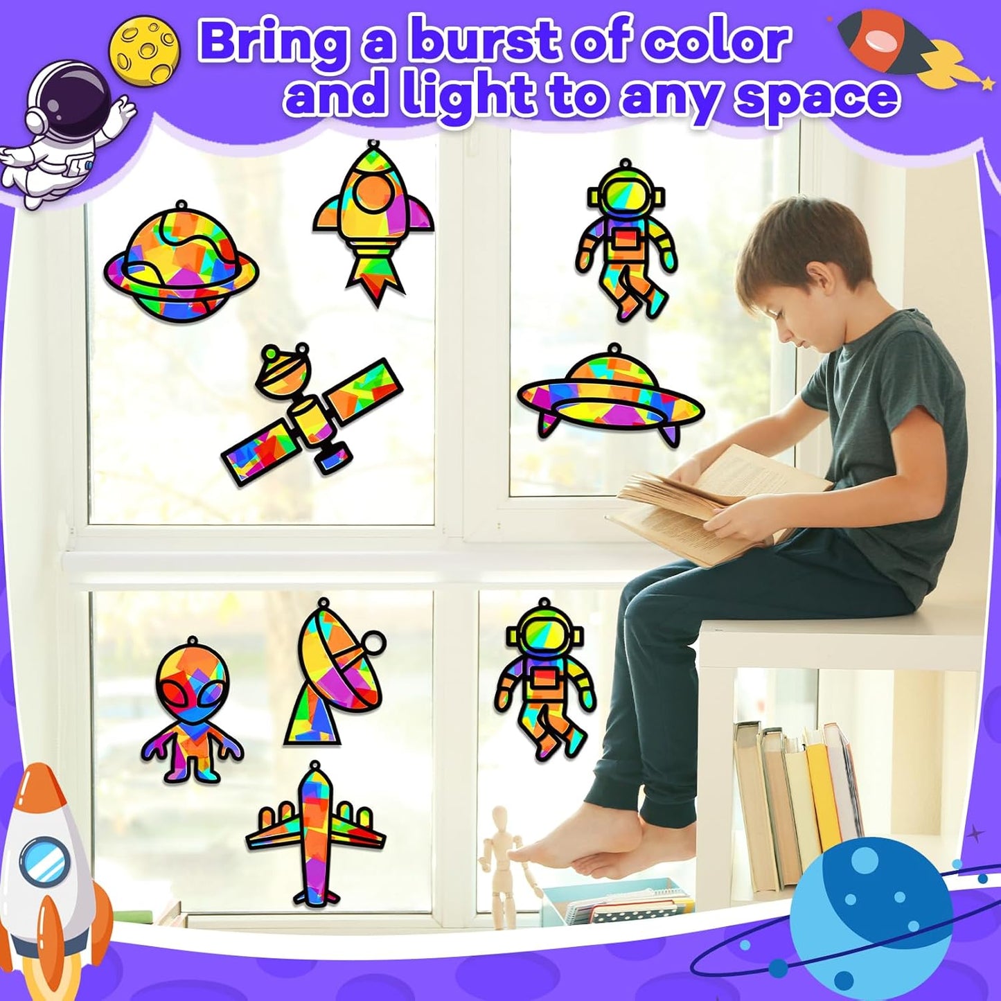 32 Sets Outer Space Suncatchers Craft Kit DIY Window Stained Glass Effect Planet Astronaut Alien Paper Crafts Home School Classroom Decoration Kid Birthday Gift Creative Art Project Activity Game - Colors A