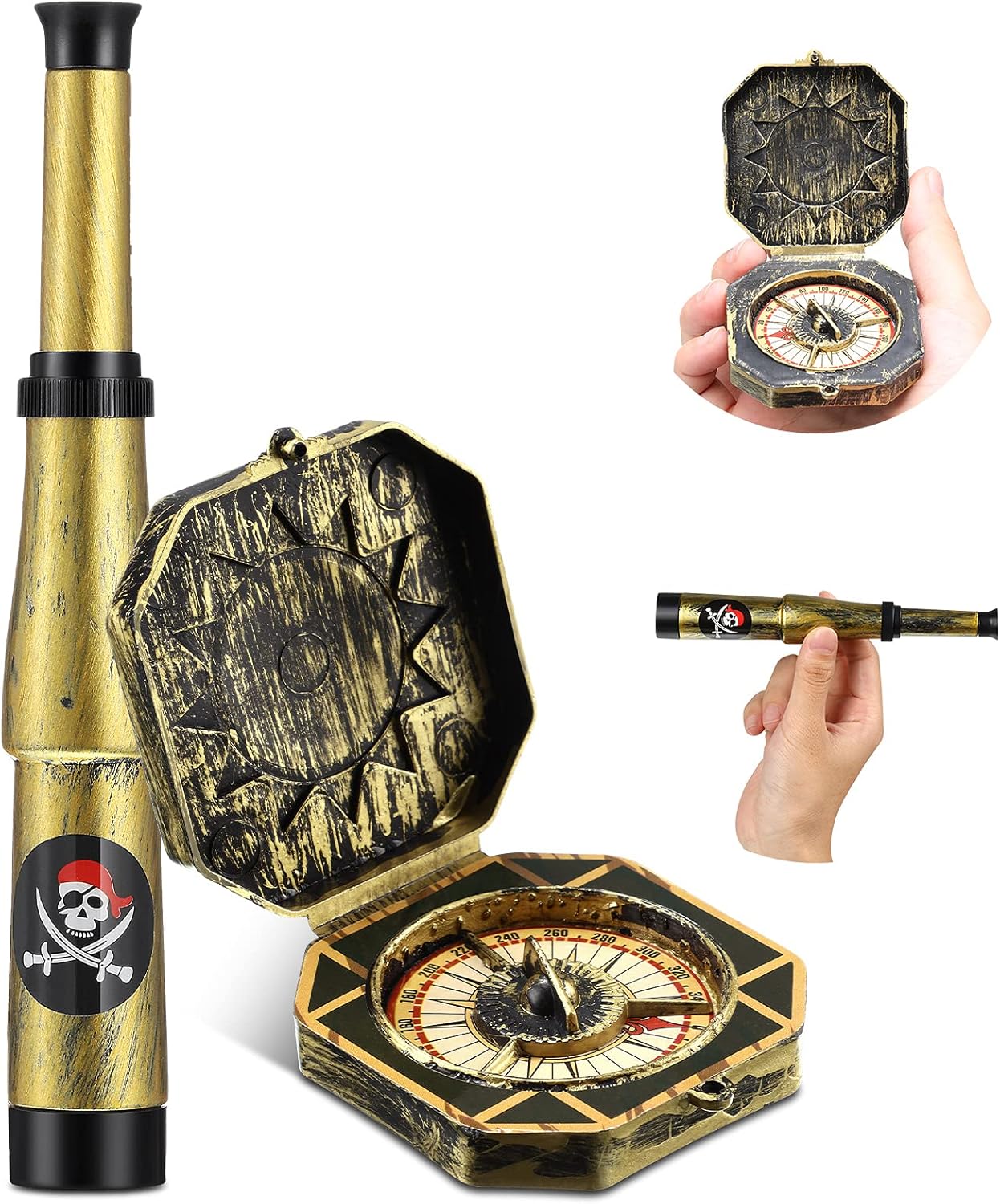Gejoy 2 Pcs Pirate Accessories Set for Kids Mini Telescope and Compass Toy for Party Halloween Cosplay Antique Retro Plastic Pirate Party Supply Accessory Decor