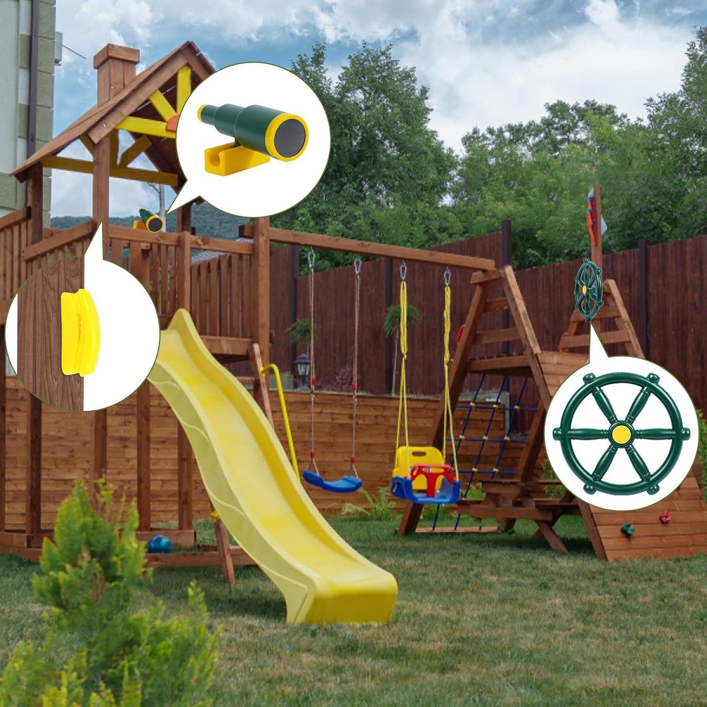 RedSwing Playground Accessories for Kids, Outdoor Swingset Attachments with Pirate Ship Wheel, Toy Telescope, Telephone and Safety Handles (Yellow and Green)