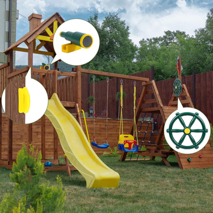 RedSwing Playground Accessories for Kids, Outdoor Swingset Attachments with Pirate Ship Wheel, Toy Telescope, Telephone and Safety Handles (Yellow and Green)