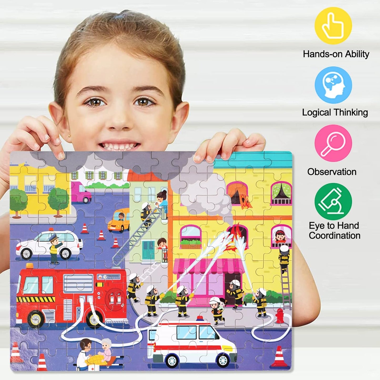 LELEMON 100 Pieces Jigsaw Puzzles in a Metal Box for Kids Age for 4-8 Boys Girls Toy Puzzles Construction Site Vehicles Children Learning Educational Puzzles Toys