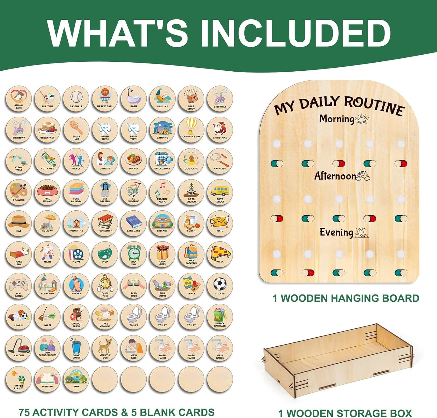 Wooden Chore Chart for Kids - Daily Visual Routine Schedule with 80 Task Cards & Sliding Buttons | Morning & Bedtime Responsibility Board for Toddlers Ages 3-5 | Montessori Educational Gift