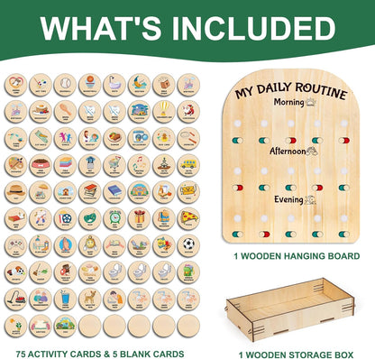 Wooden Chore Chart for Kids - Daily Visual Routine Schedule with 80 Task Cards & Sliding Buttons | Morning & Bedtime Responsibility Board for Toddlers Ages 3-5 | Montessori Educational Gift