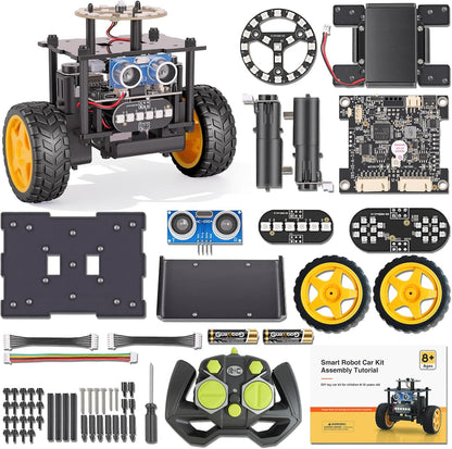 Elfew STEM Robot Car Toys for Kids 8-13, DIY Building Educational Robot Kit, 2WD Self-Balancing RC Car with Ultrasonic Obstacle Avoidance, 360° Rotation, LED Lights, Ideal Gift for Boys Girls