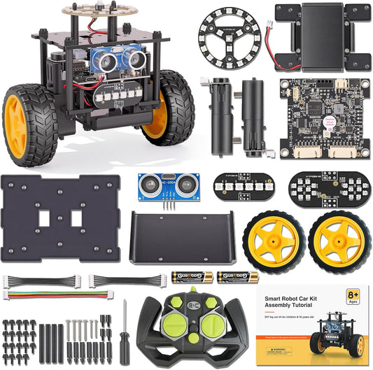 Elfew STEM Robot Car Toys for Kids 8-13, DIY Building Educational Robot Kit, 2WD Self-Balancing RC Car with Ultrasonic Obstacle Avoidance, 360° Rotation, LED Lights, Ideal Gift for Boys Girls