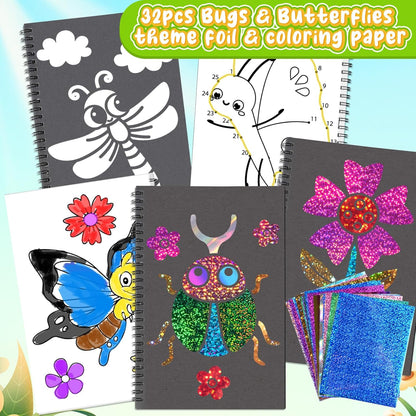 Foil Craft Bugs Butterfly DIY Art Fun Kits Set, No Mess Creative Foil Art Drawing Game for Kids, Birthday Gifts Crafts Supplies Travel Toys for Girls Boys Ages 4-9