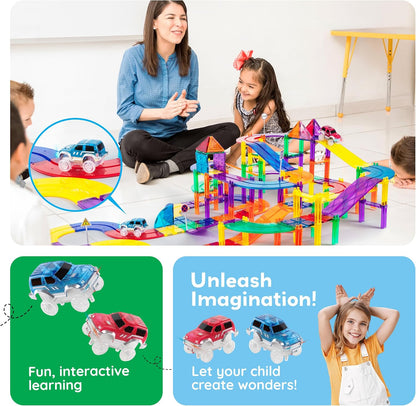 PicassoTiles 121pc Magnetic Tile Race Track Marble Run Magnet Tiles 3-in-1 Playset Car Racing Construction Set STEM Learning Early Education Building Toy Cars for School Toddlers Boys Girls Ages 3+