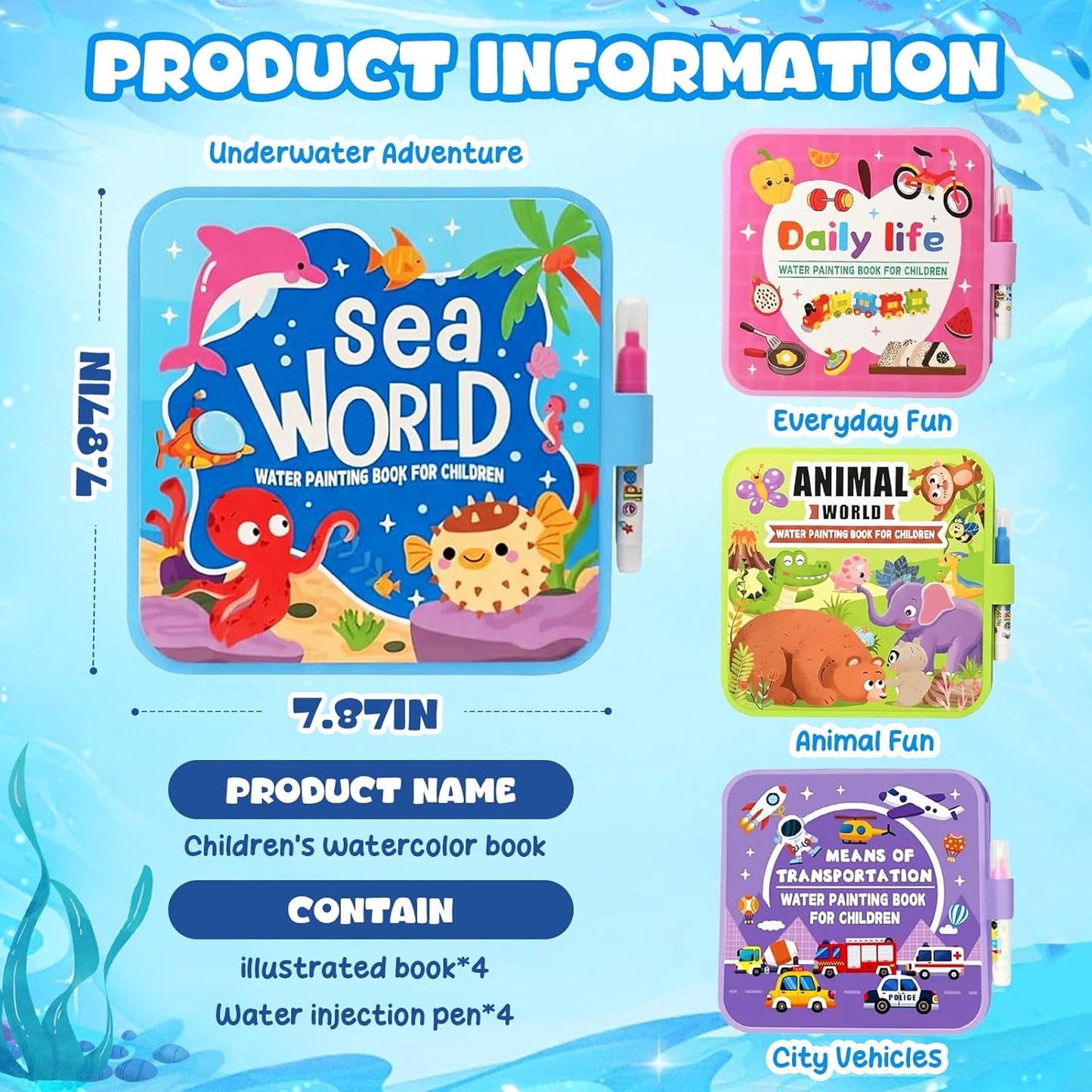 YoPoll Water Painting Book for Kids, Reusable Magic Water Coloring Book with Water Pen, No Mess Water Reveal Coloring Book, Travel Activity Toy for Toddlers Ages 3–6