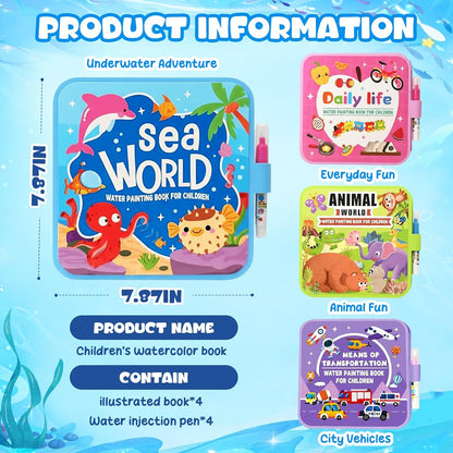 YoPoll Water Painting Book for Kids, Reusable Magic Water Coloring Book with Water Pen, No Mess Water Reveal Coloring Book, Travel Activity Toy for Toddlers Ages 3–6