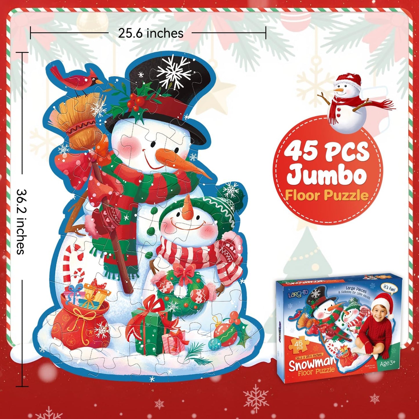 Snowman Floor Puzzle for Kids Age 4-8, 45PCS Jumbo Christmas Jigsaw Puzzle, Large 25.6" x 36.2" Winter Puzzle with Poster, for Kid Boy Girls