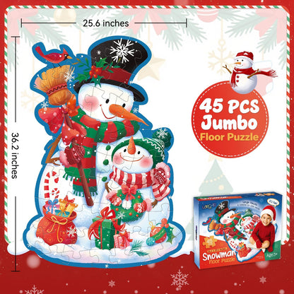 Snowman Floor Puzzle for Kids Age 4-8, 45PCS Jumbo Christmas Jigsaw Puzzle, Large 25.6" x 36.2" Winter Puzzle with Poster, for Kid Boy Girls