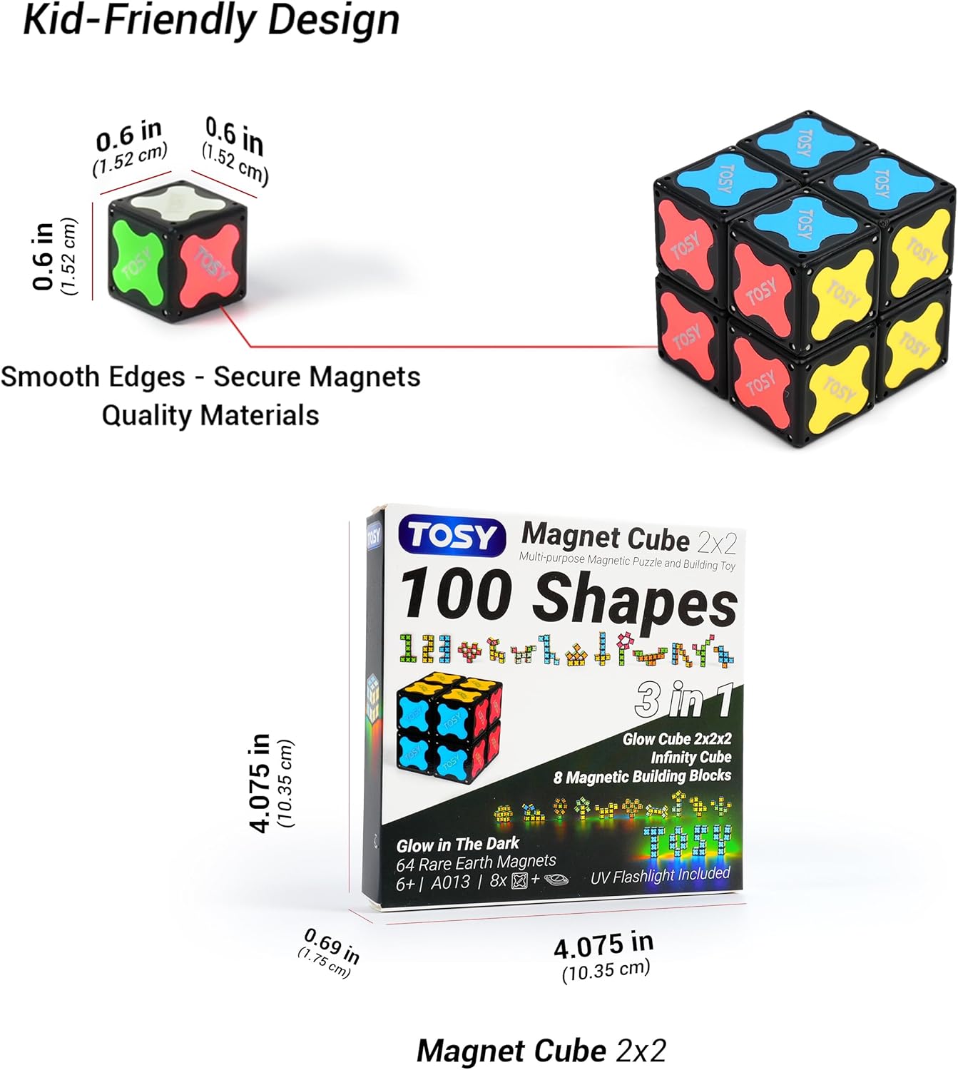TOSY Magnet Cube 2x2 - 8 Blocks, 2in1 Toy: 2x2x2 Puzzle Cube and Customizable Infinity Cube, Easter Basket Stuffers Gifts for Kids/Grandkids, Glowing w/ UV Flashlight, STEM Toy, 2-Pack