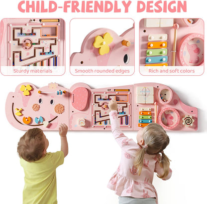 ROBUD Elephant Montessori Busy Board, 12-in-1 Activity Wall Busy Board, Montessori Sensory Wall Panel for Boys & Girls, Toddler Learning Activity Center for Playroom, Nursery, Pink