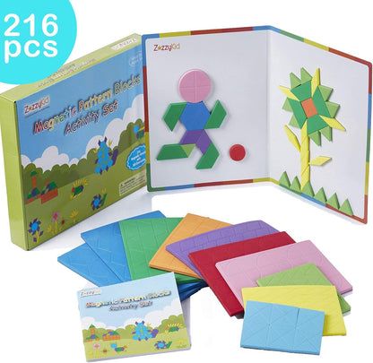 ZazzyKid Kids Magnetic Pattern Blocks Set: 216 PCS Geometric Shape Puzzles Tangram - STEM