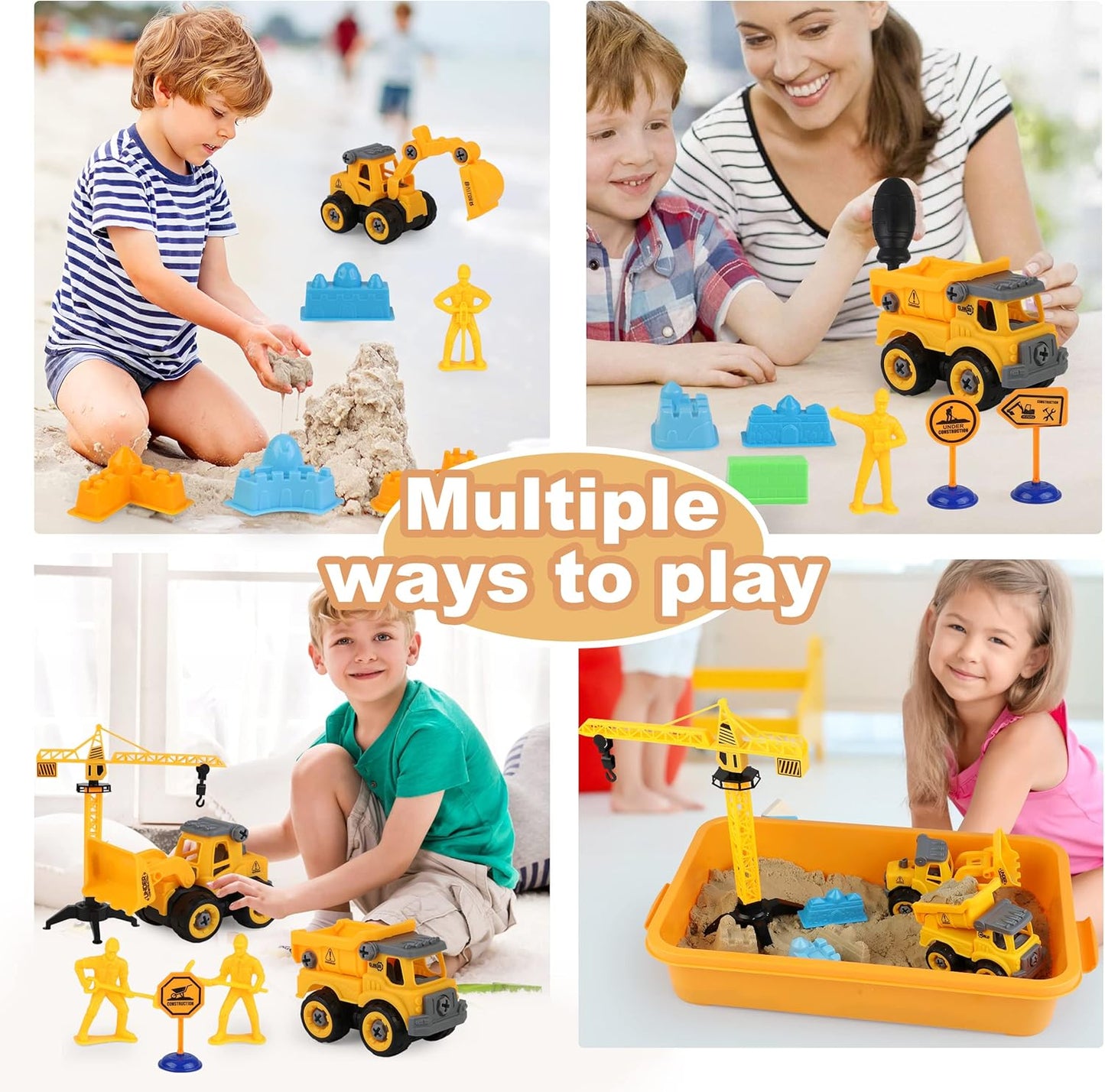 Sand Construction Kit,Sandbox,2.2lbs Magic Sand W/4 Take Apart Construction Trucks,Tower Crane,8 Sand Molds,4 Worker Figures,4 Road Signs,Toys for Boys Girls Age 4-8 Yellow,Brown