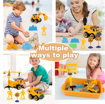 Sand Construction Kit,Sandbox,2.2lbs Magic Sand W/4 Take Apart Construction Trucks,Tower Crane,8 Sand Molds,4 Worker Figures,4 Road Signs,Toys for Boys Girls Age 4-8 Yellow,Brown
