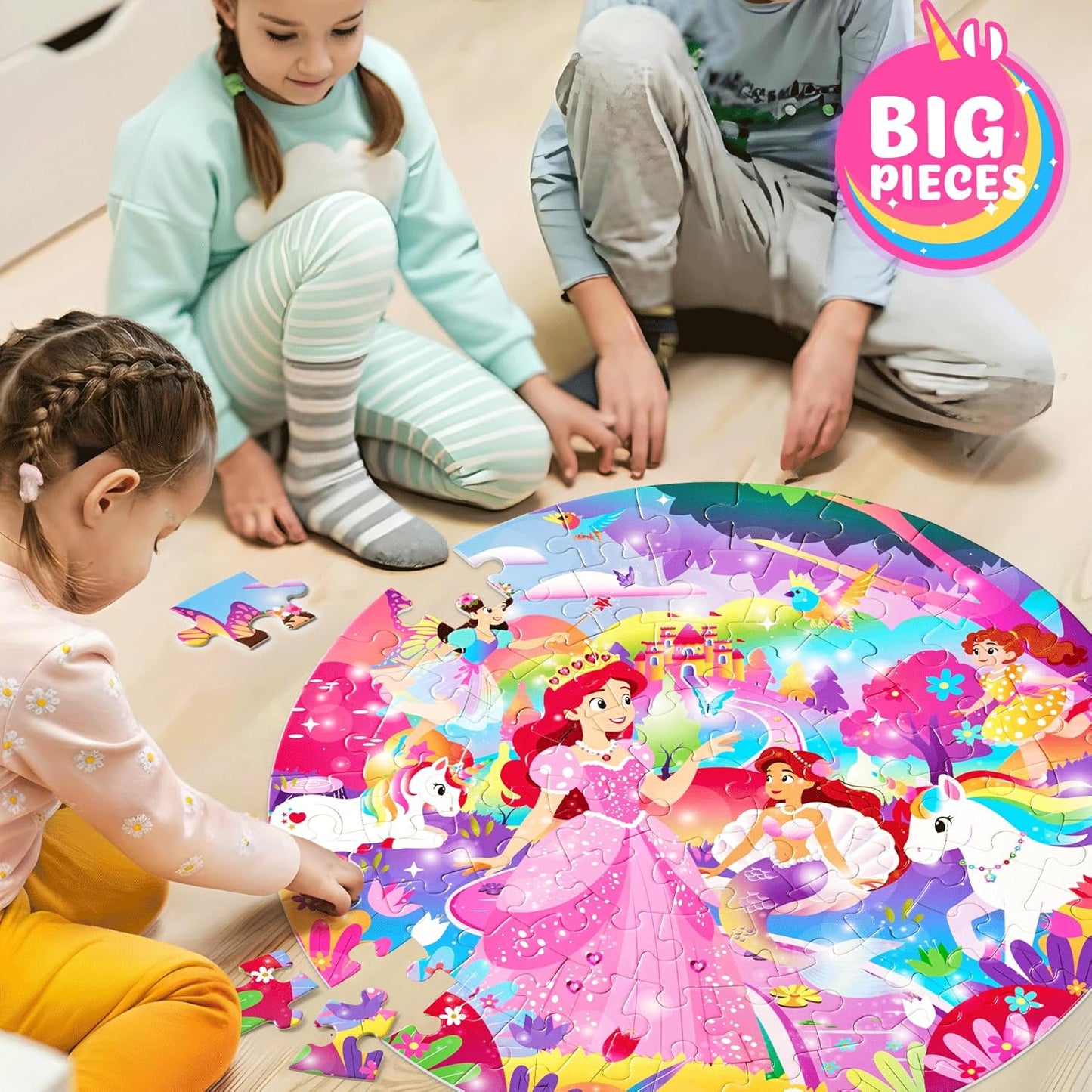 Unicorn Toys Gifts for Girls Age 4-6, 70 Pcs Jumbo Floor Puzzle for Kids, Fun Educational Preschool Learning Toy for Toddlers 3-5, Easter Basket Stuffers Birthday Gifts for Kids (Pink)
