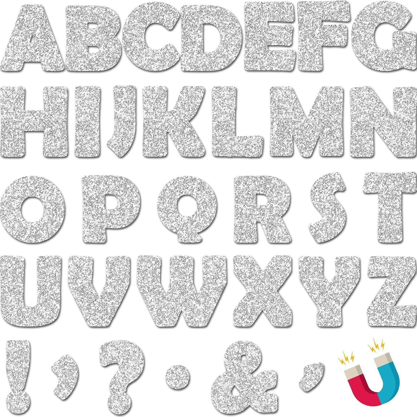 Qyeahkj 103 Pcs Glitter Silver Magnetic Letters - 2'' Alphabet Letters Kit for Classroom, Whiteboard, Fridge, Teachers & Preschool Learning