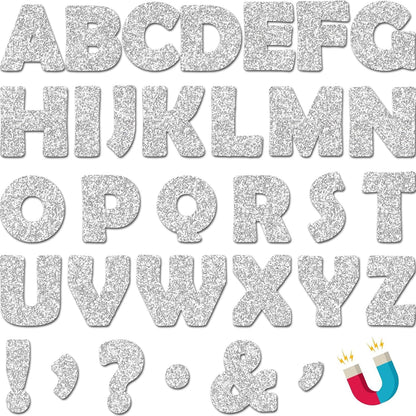 Qyeahkj 103 Pcs Glitter Silver Magnetic Letters - 2'' Alphabet Letters Kit for Classroom, Whiteboard, Fridge, Teachers & Preschool Learning