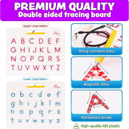 Povitrulya Magnetic Alphabet Tracing Board - double-sided upper & lower case Magnetic Drawing Board, ABC magnets for learn to write with magnetic pen, STEM toy letters learning, good for homeschooling