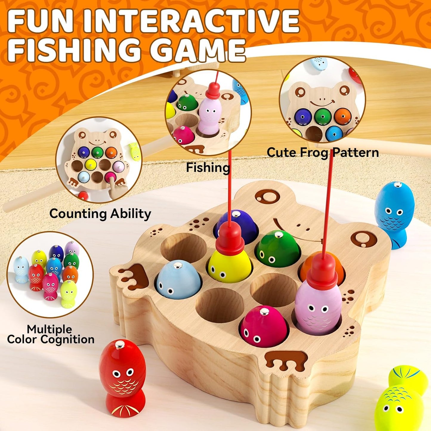Wooden Magnetic Fishing Game for Toddlers 1-3, Montessori Sensory Busy Board Fine Motor Skills Toys for 1 2 3 Years Old Boys Girls (Frog B-Fish Game)