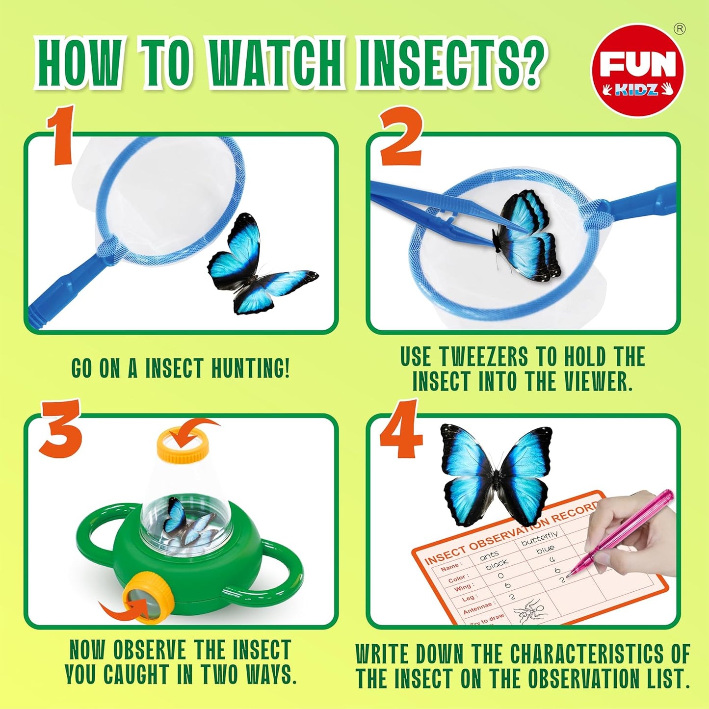 Science Kid Bug Catcher Kit, FunKidz Outdoor Activities Gift Butterfly Bug Habitat with Magnified Viewer Bug Catching Kit for Boys 3-12 Includes Net Catcher, Tweezers, Record Lists
