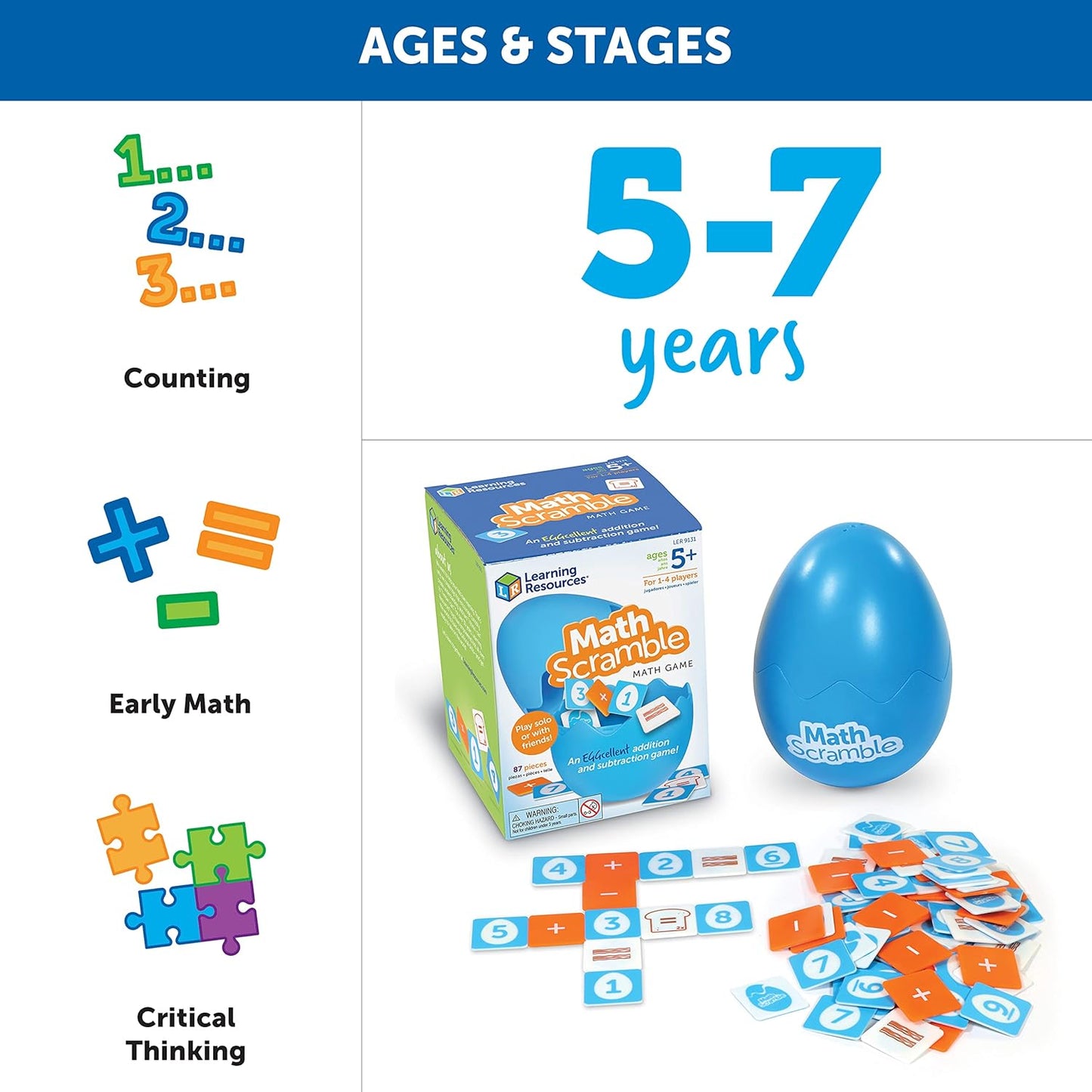 Learning Resources Math Scramble Game - 87 pieces, Ages 5+, Math Manipulatives for Kids, Addition and Subtraction, STEM