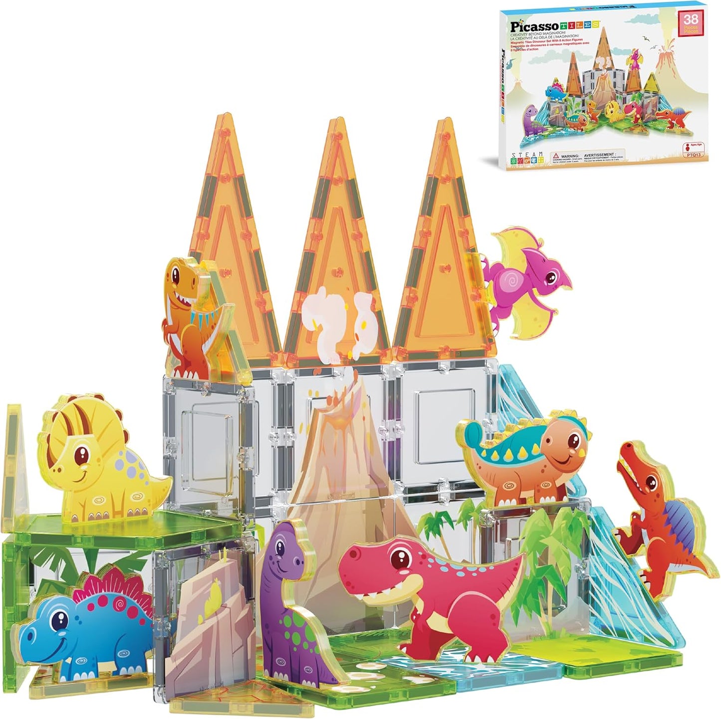 PicassoTiles Magnet Tiles Magnetic Building Blocks Aquarium Marine Animal Theme Set with 8 Character Action Figures Shark Crab Turtle STEM Toys Construction Preschool Toddlers Kids Boys Girls 3+ PTQ15