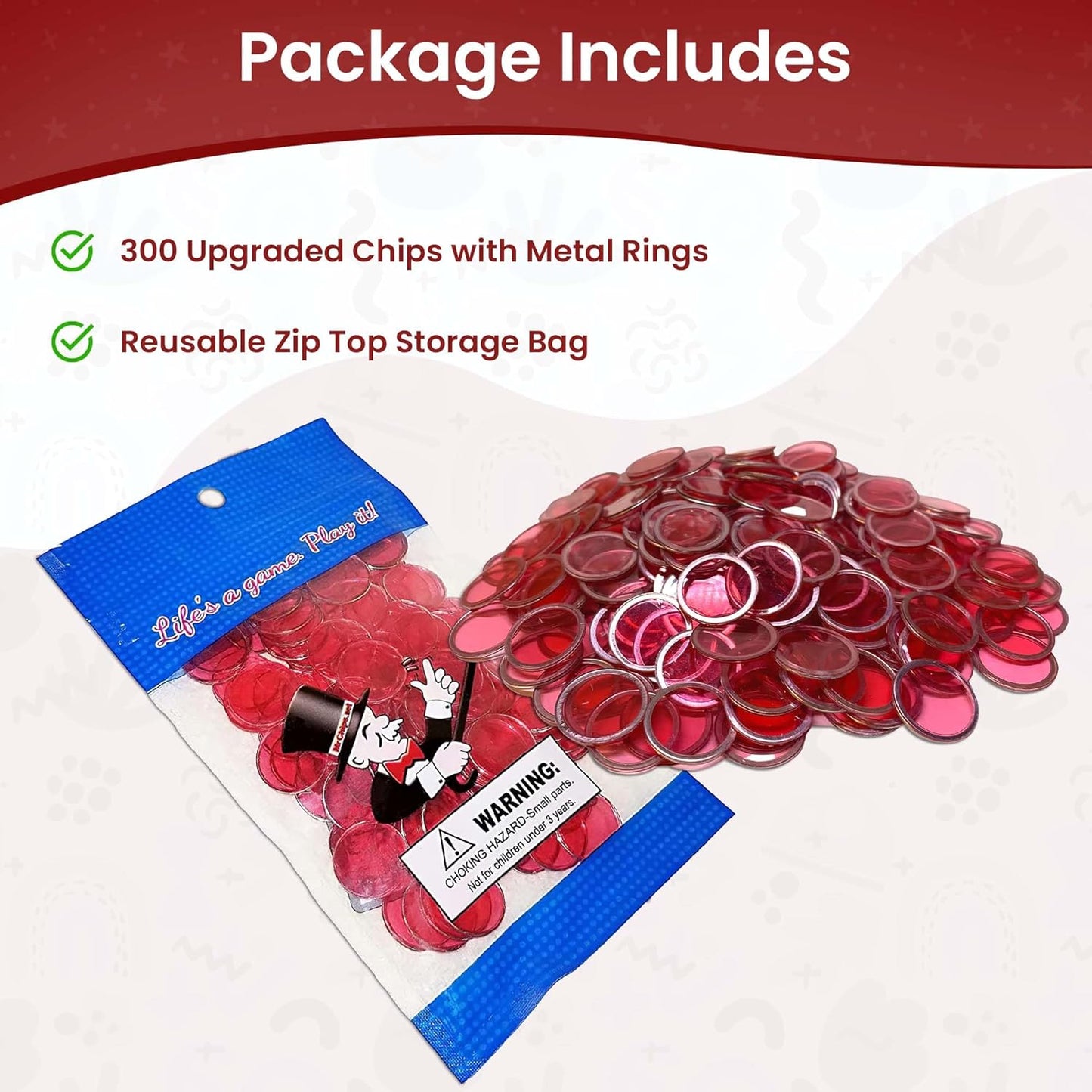 MR CHIPS Magnetic Bingo Chips with Metal Ring 3/4 Inch 300 Upgraded Pieces Red Transparent - Available in 7 Colors A Reusable Storage Bag