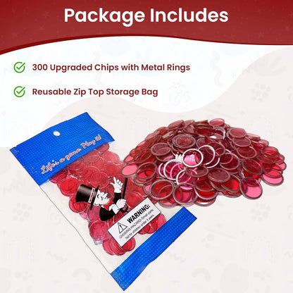 MR CHIPS Magnetic Bingo Chips with Metal Ring 3/4 Inch 300 Upgraded Pieces Red Transparent - Available in 7 Colors A Reusable Storage Bag