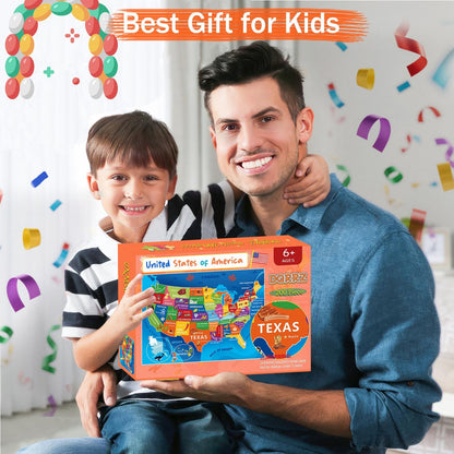 United States Map Puzzle for Kids Ages 6-8 8-10 10-12 - 200 Piece Floor Jigsaw with Poster - Educational USA Geography Jigsaw with 50 States & Capitals - Large Map Puzzle STEM Gift for Boys and Girls