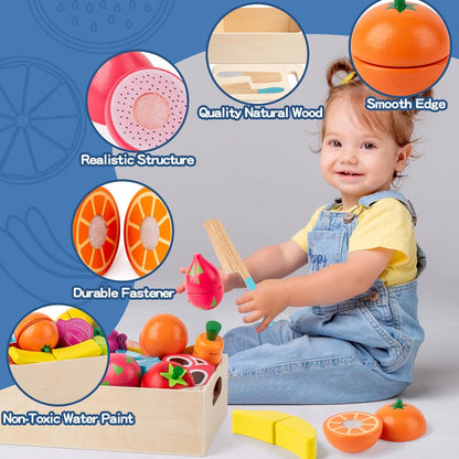 32 Pcs Wooden Play Food Sets for Kids Kitchen Accessories, Montessori Educational Toys Food, Pretend Play Food for Toddlers, Velcro Fruits and Vegetables Cutting Set for Kids Boys Girls