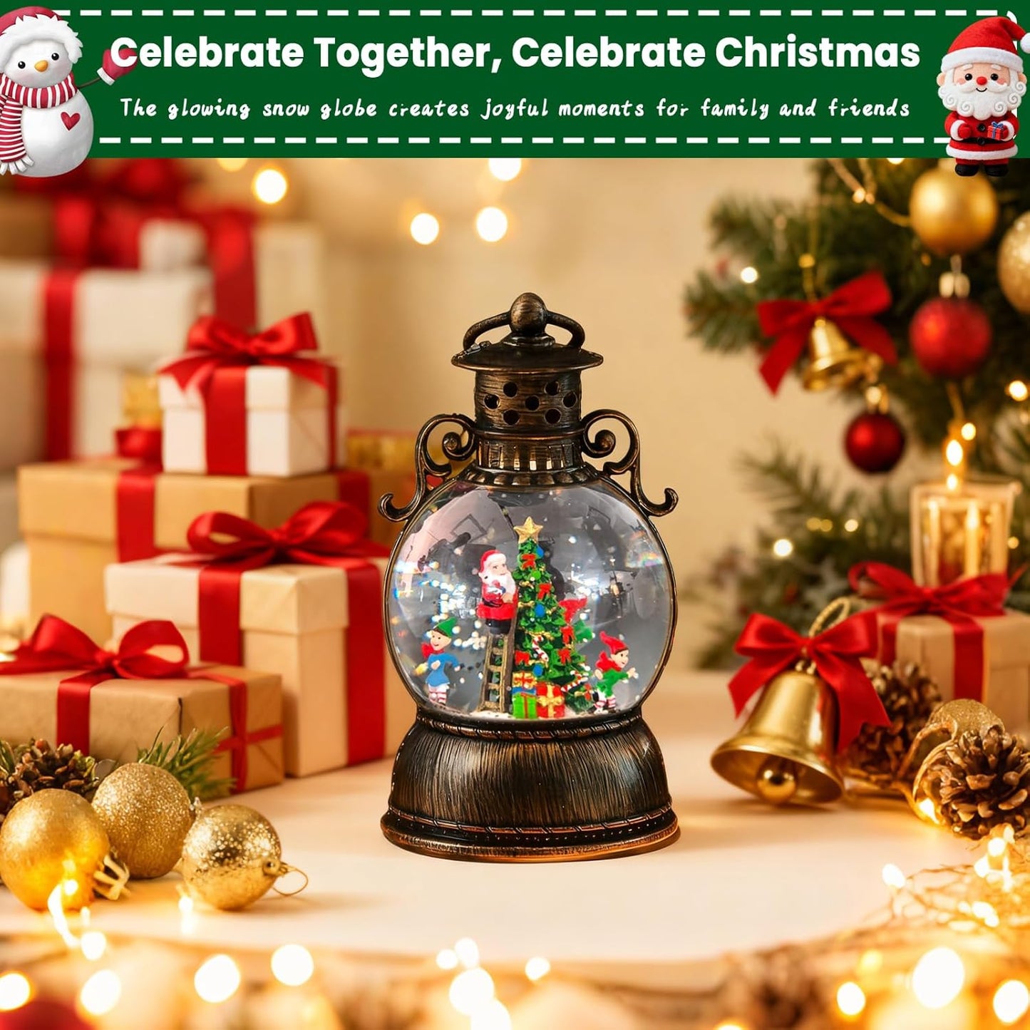 2026 Christmas Tree Train Lighted Musical Snow Globe Lantern Glittering Water Swirling Snowfall Singing Light up Decorative Holiday Decoration, 6H Timer, USB/Battery Operated, Home Décor Accent Gift