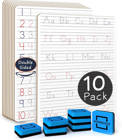 Scribbledo 5 Pack Dry Erase Handwriting Practice for Kids 9 x 12 Inch Letter Alphabet Tracing Board Whiteboard for Kids Ages 3-5 Write and Wipe Alphabet Practice Cards Letters & Erasers