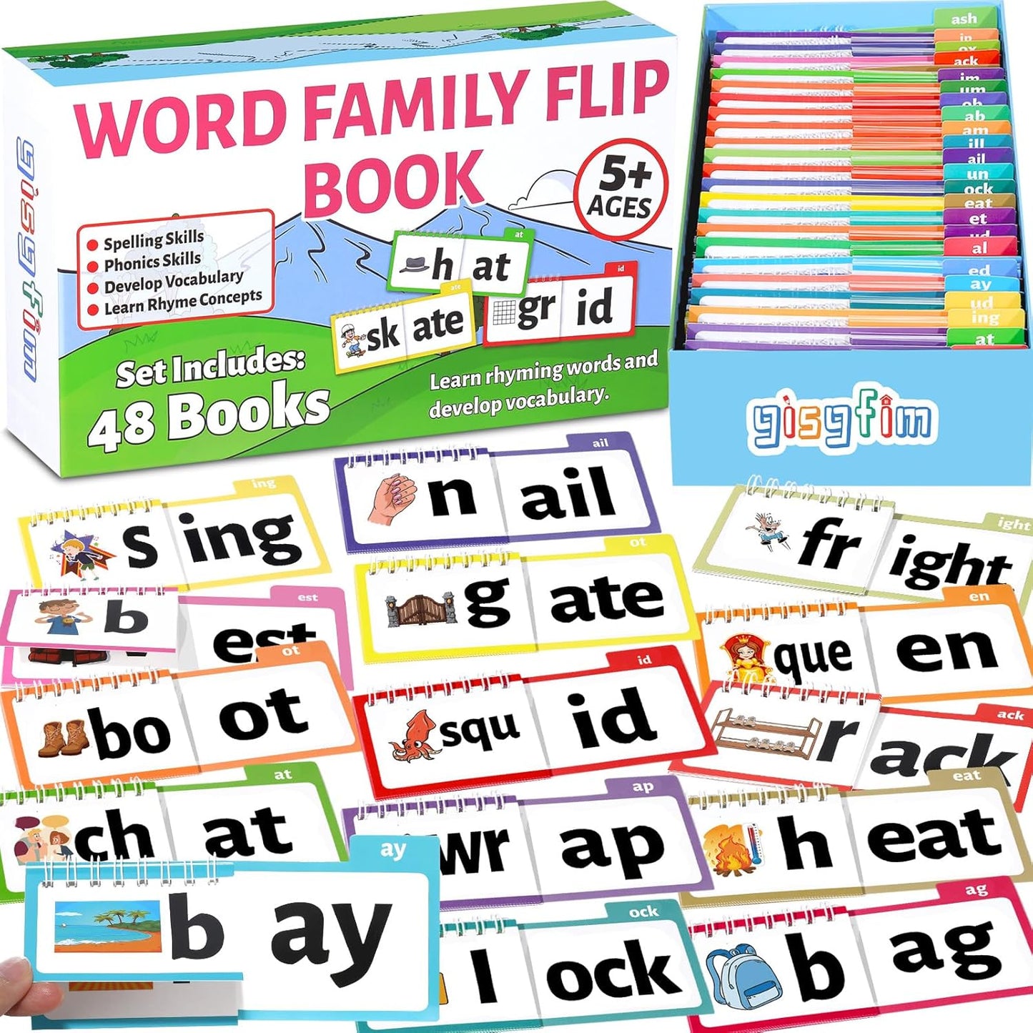 48 Word Family Build Book Spell Read and Rhyme Flip Activity Books Vocabulary Flashcards Kindergarten Sight Phonics Flashcard Learn to Read Activity Games for Kids Homeschool Supplies（Word Family)
