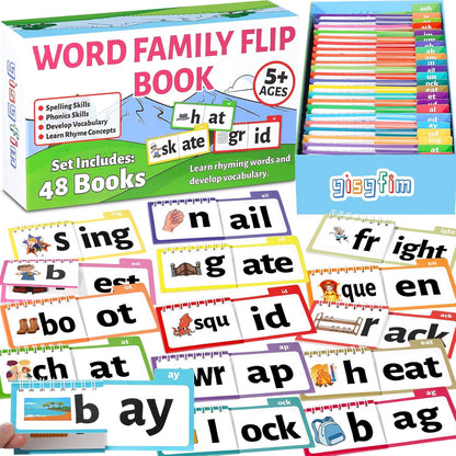 48 Word Family Build Book Spell Read and Rhyme Flip Activity Books Vocabulary Flashcards Kindergarten Sight Phonics Flashcard Learn to Read Activity Games for Kids Homeschool Supplies（Word Family)