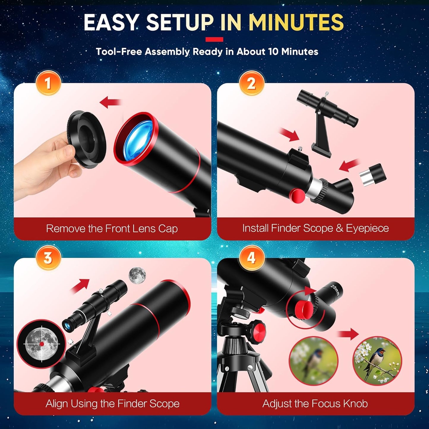 HETEKAN Telescope for Kids & Adults High Powered, 80mm Aperture 500mm Astronomy Telescope for Beginners (20X-150X), Portable Refractor Telescope with Tripod, Phone Adapter, Backpack & Stickers (Black)