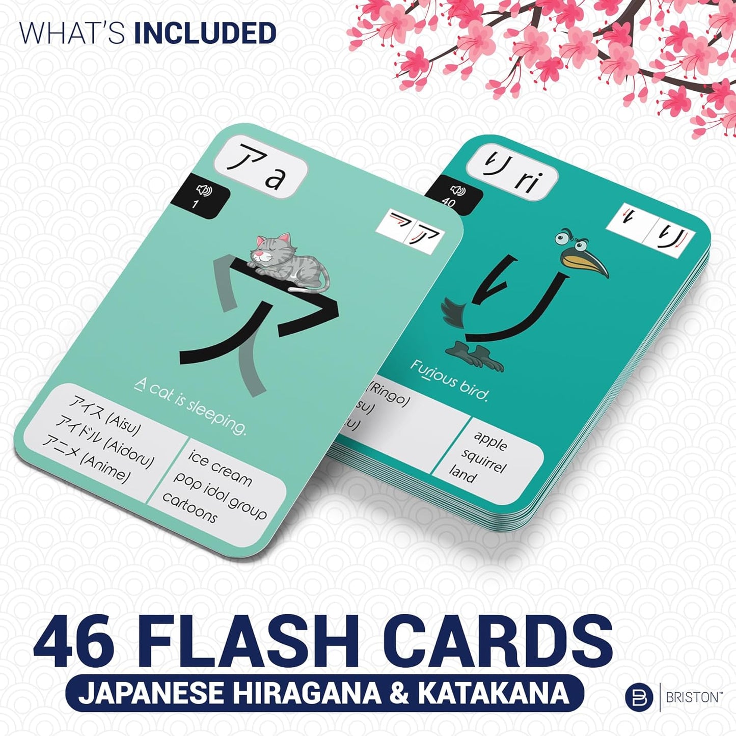 Japanese Hiragana & Katakana Flash Cards with Audio – Learn Japanese Alphabet with Mnemonics – Study Aid for Beginners, Students, Teachers, Homeschool, Language Learning Tool – 46 Cards by Briston