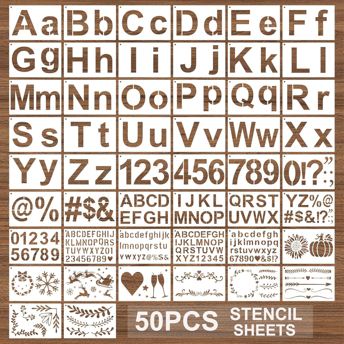 BAMIDELE Letter Stencils for Painting on Wood, 50 Pcs Calligraphy Alphabet Drawing Templates with Numbers, Signs, Flowers, Reusable Cursive Plastic Art Craft Stencils