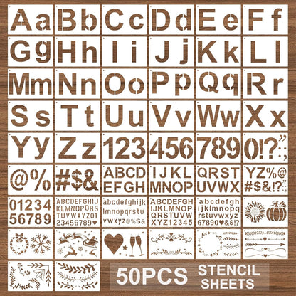BAMIDELE Letter Stencils for Painting on Wood, 50 Pcs Calligraphy Alphabet Drawing Templates with Numbers, Signs, Flowers, Reusable Cursive Plastic Art Craft Stencils