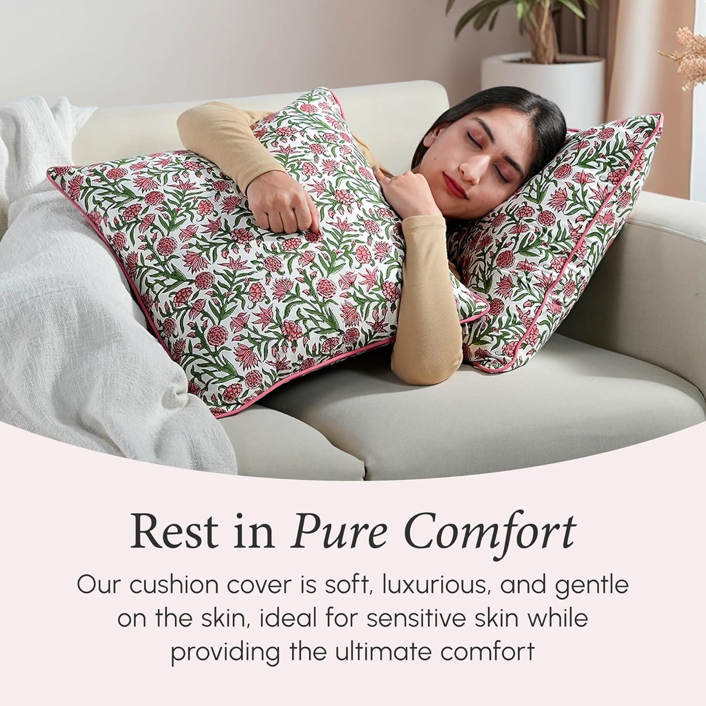 CPC 100% Cotton Throw Pillow Covers 18x18 Inch, Set of 2 Green Block Print Pattern Couch Pillow, Cute Boho Decorative Pillows for Living Room, Bedroom with Hidden Zipper- Agate Green