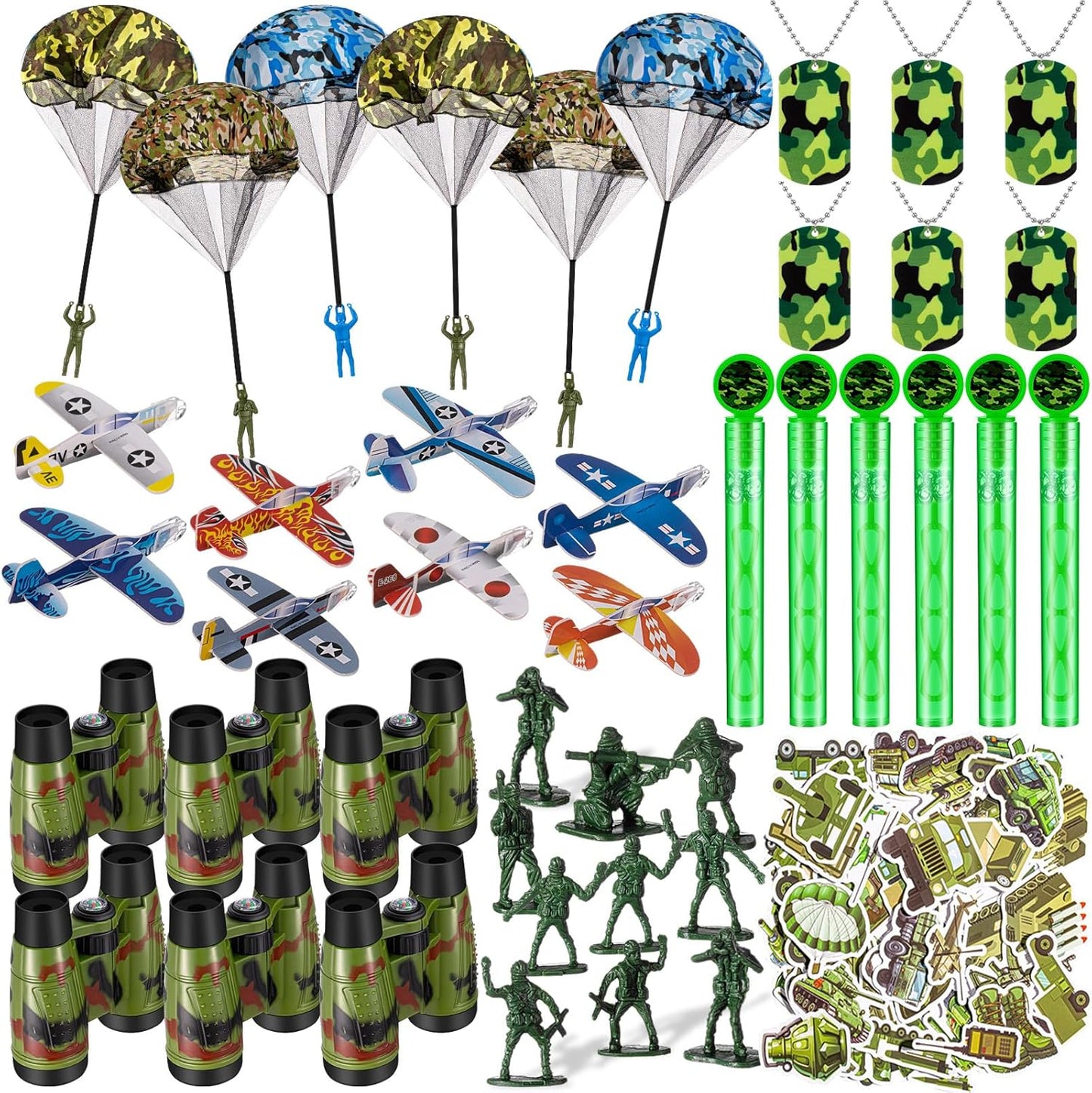 102 Pcs Army Toy Set Military Gift for Boys Bulk Army Soldier Birthday Decoration Camo Party Favor Parachute Telescope Bubble Wand Camouflage Necklace Glider Plane Kid 3-12 Men
