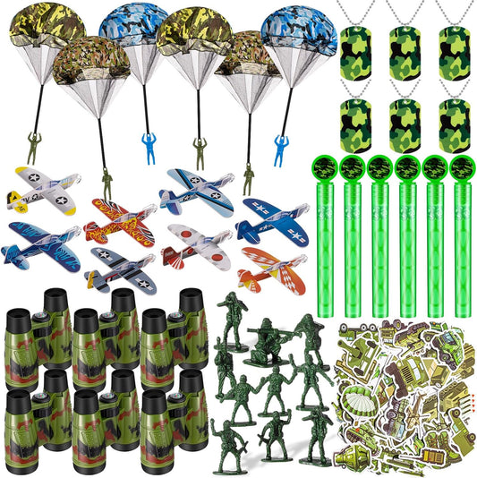 102 Pcs Army Toy Set Military Gift for Boys Bulk Army Soldier Birthday Decoration Camo Party Favor Parachute Telescope Bubble Wand Camouflage Necklace Glider Plane Kid 3-12 Men