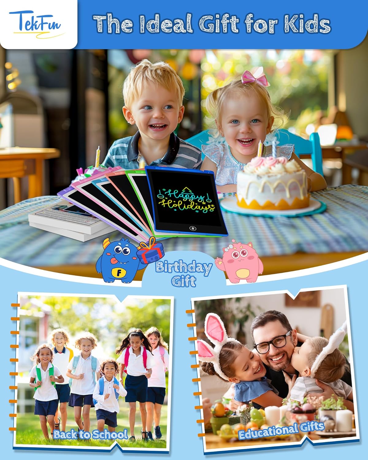 TEKFUN Kids Toys, 2Pcs LCD Writing Tablet with 4 Stylus, 8.5in Erasable Doodle Board Mess Free Drawing Pad for Kids, Car Trip Educational Toys Birthday for 3 4 5 6 7 Girls Boys