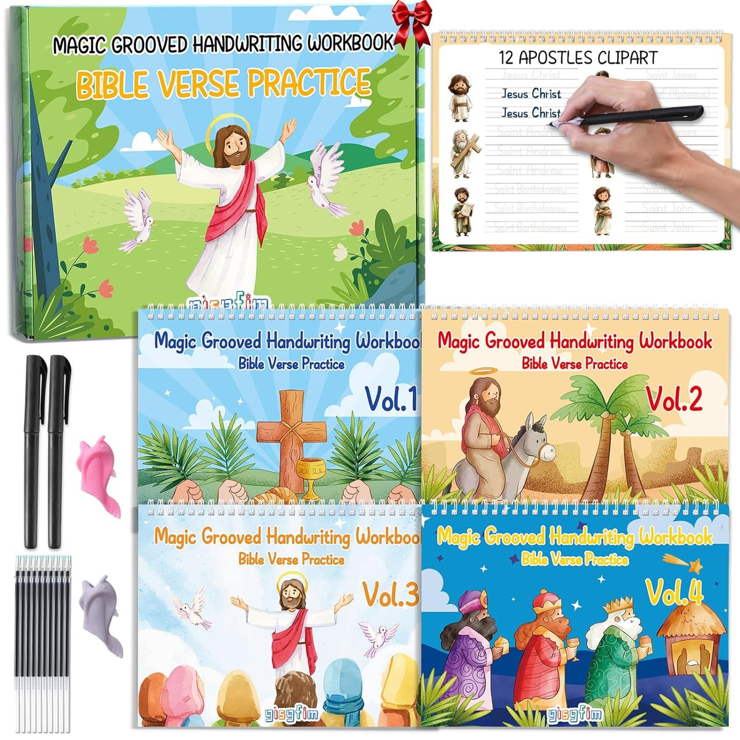 gisgfim Bible Magic Grooved Writing Practice Books for Kids Reusable Grooved Handwriting Workbooks for Kids Ages 3-8 Tracing Bible Magic Copybooks for Christian Sunday School Gifts Prizes（Cursive）