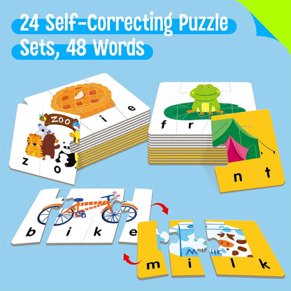 72 Word Spelling Puzzles with Error-Correction Mechanism in 3 Pieces, Perfect for Preschool Learning (36 Block Double Sided)