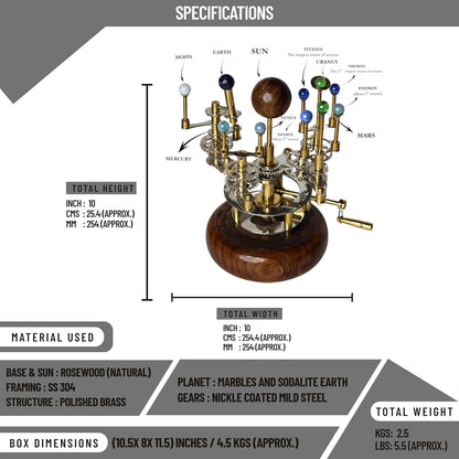 Luxury Vintage Brass Orrery – Exquisite Brass Planetary Gear Mechanism | Astronomical Desk Ornament | Solar System Model (8" Mercury, Venus, Earth, Mars, Uranus & Moons)