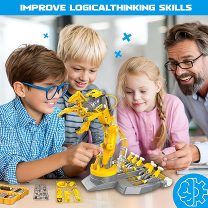 SMIESSKIDDO 3 in 1 Hydraulic Robot Arm - 220 Pcs STEM Building Toys with 4-Jaw Grab, Suction & Tongs for Kids 8-12 | No Batteries Needed Engineering Gift for Boys & Girls Ages 9 10 11 - Yellow