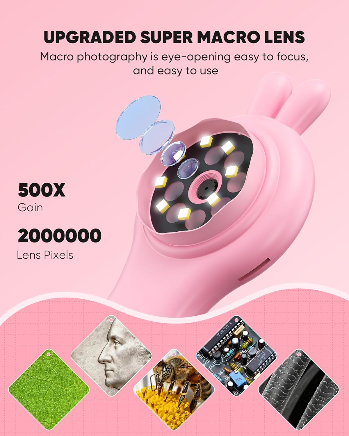 Microscope for Kids - Mini Pocket Digital Kids Microscope, Portable Handheld USB 500X Magnifying Glass, 4X Zoom, Christmas Birthday Gifts for Boys Girls Aged 3-12